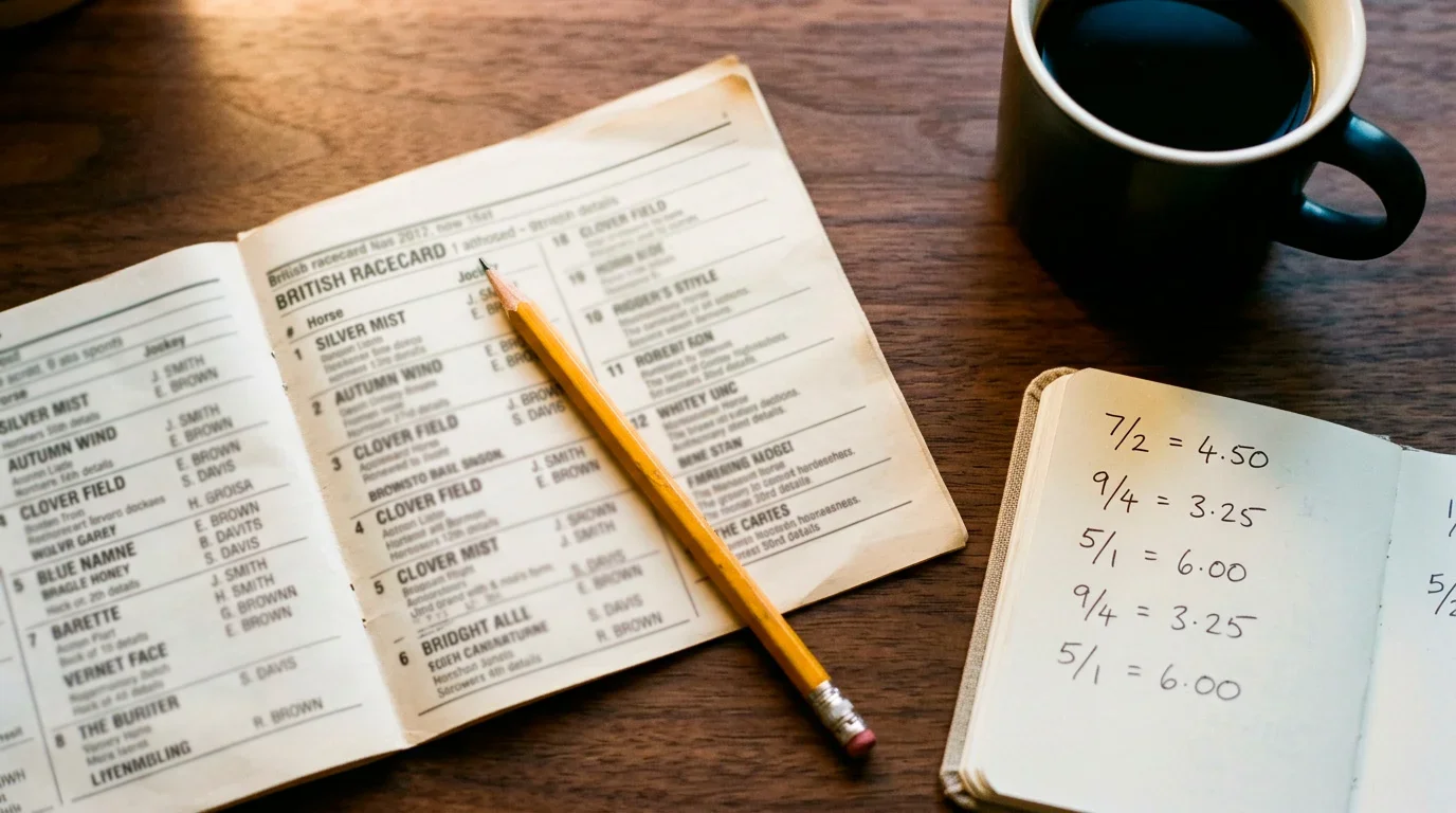 Analyst working through implied probabilities and overround on a printed racecard with a pencil