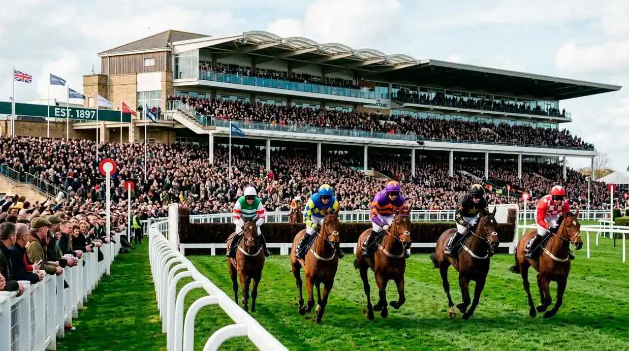 Packed grandstand at Cheltenham Festival as jump horses gallop past the stands