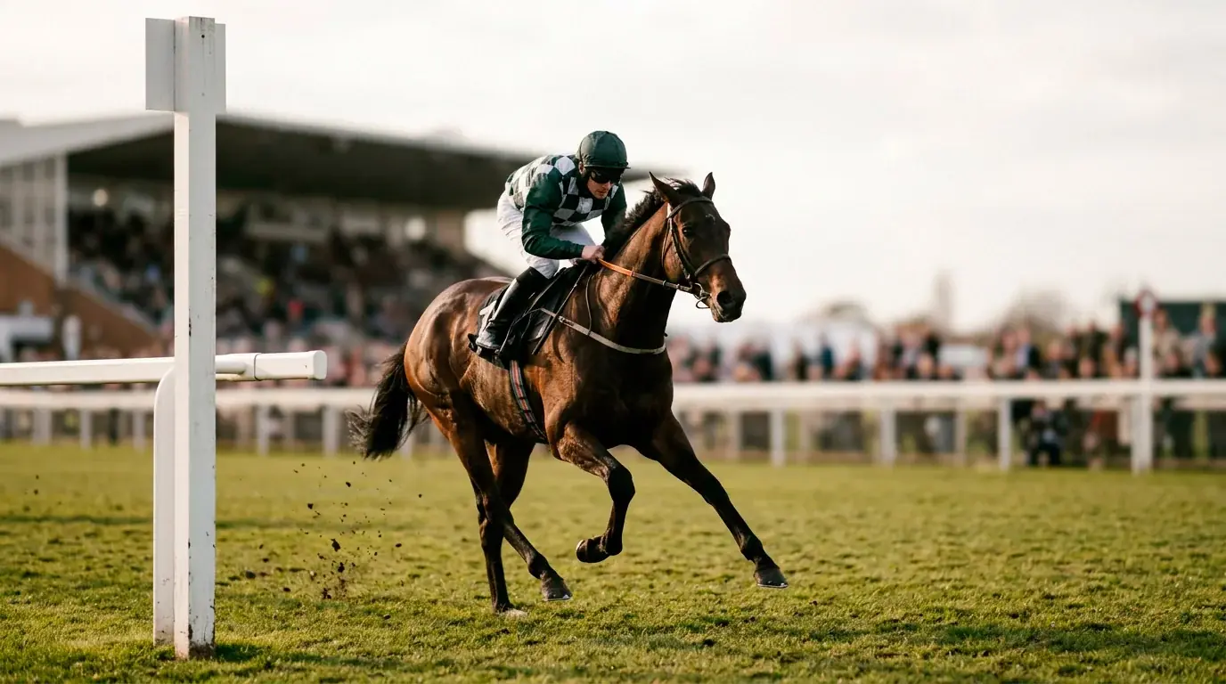 Thoroughbred racehorse and jockey crossing the finish line at a British racecourse